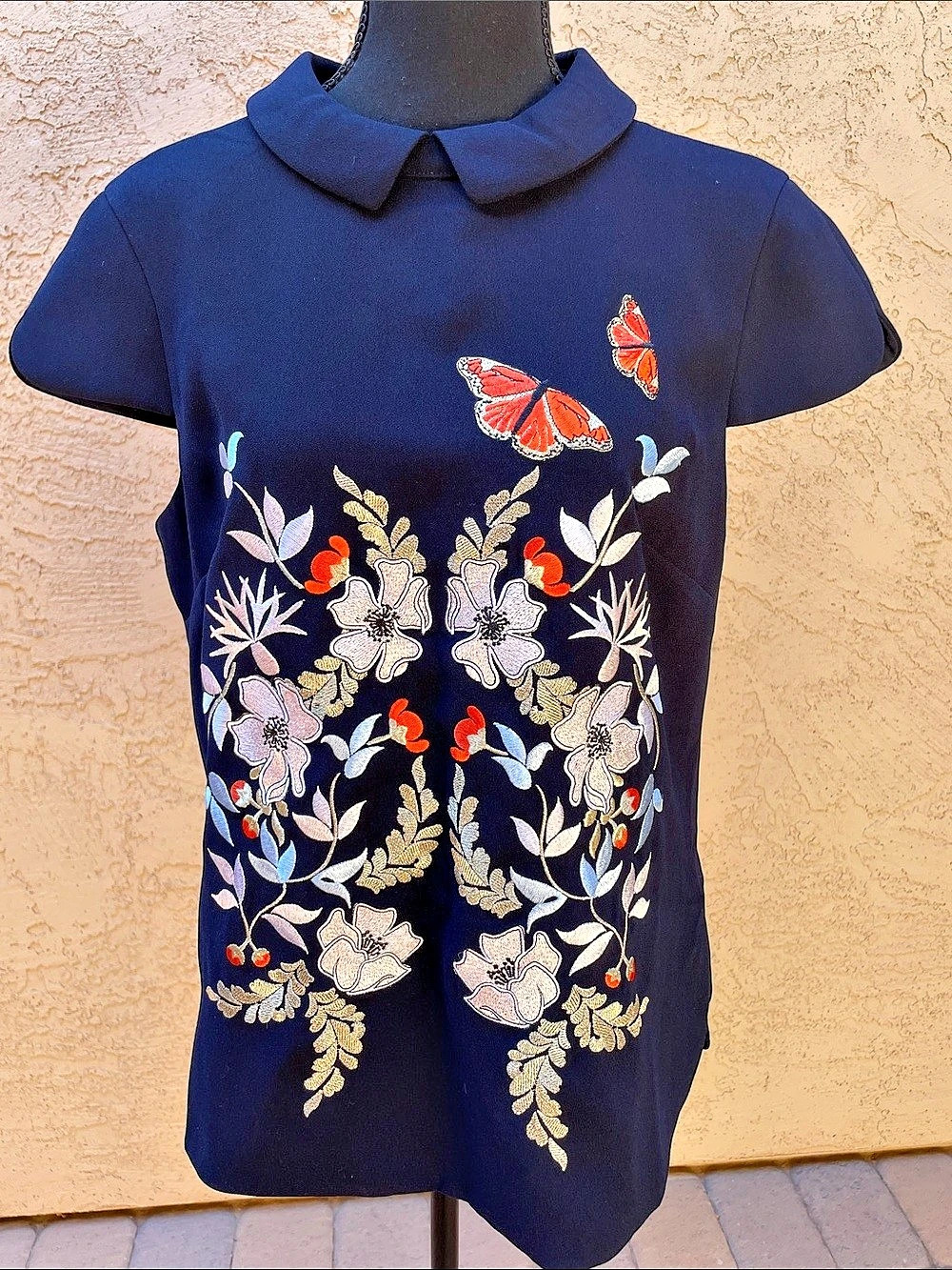 Ted Baker Floral Embroidered Short Sleeve Top in Blue